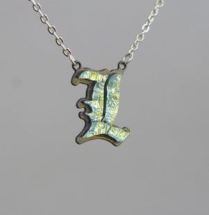 Initial letter Necklace L Old English Font Gold color Fused Dichroic Glass on a Stainless Steel base
