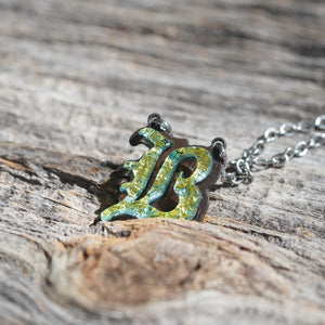 B Initial letter Necklace Old English Font Gold color Fused Dichroic Glass on Stainless Steel base