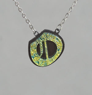 O  Initial letter Necklace Old English Font Gold color Fused Dichroic Glass on a Stainless Steel base
