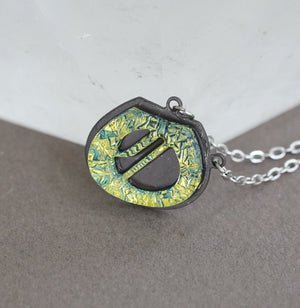 O  Initial letter Necklace Old English Font Gold color Fused Dichroic Glass on a Stainless Steel base