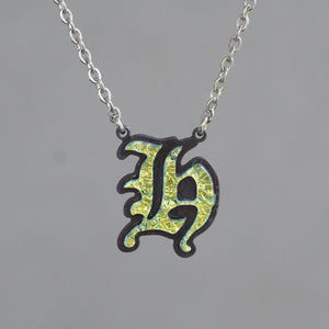Initial letter Necklace H Old English Font Gold color Fused Dichroic Glass on a Stainless Steel base