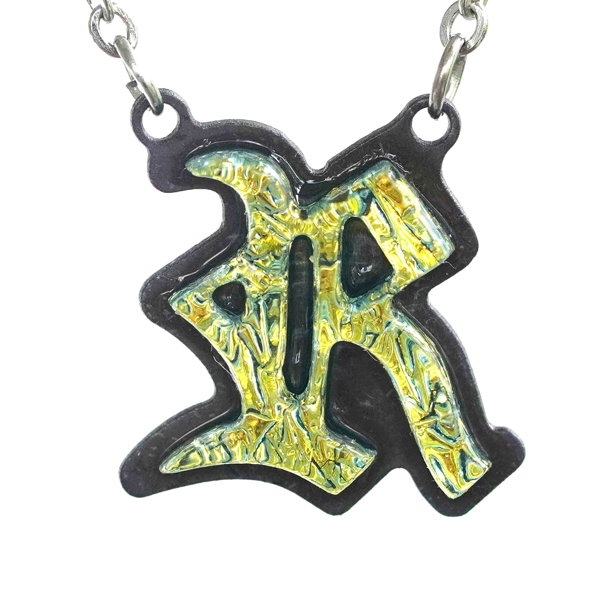 Initial letter Necklace R Old English Font Gold color Fused Dichroic Glass on a Stainless Steel base