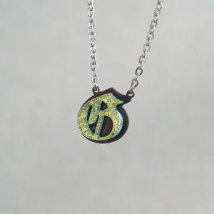 G- Initial letter Necklace Old English Font Gold color Fused Dichroic Glass on Stainless Steel base