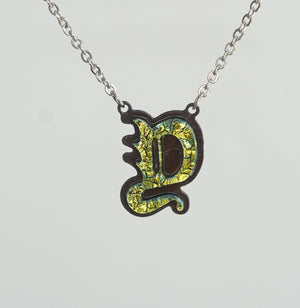 Initial letter Necklace Y Old English Font Gold color Fused Dichroic Glass on a Stainless Steel base
