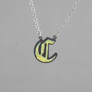 C - Initial letter Necklace Old English Font Gold color Fused Dichroic Glass on Stainless Steel base