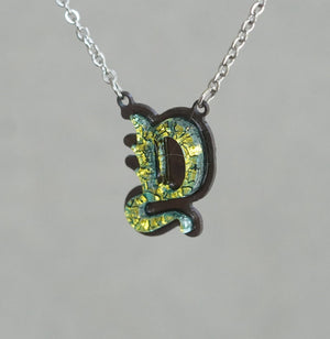 Initial letter Necklace Y Old English Font Gold color Fused Dichroic Glass on a Stainless Steel base