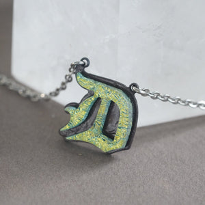 D - Initial letter Necklace Old English Font Gold color Fused Dichroic Glass on Stainless Steel base