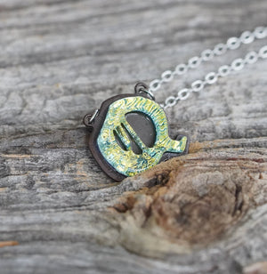 Initial letter Necklace Q Old English Font Gold color Fused Dichroic Glass on a Stainless Steel base