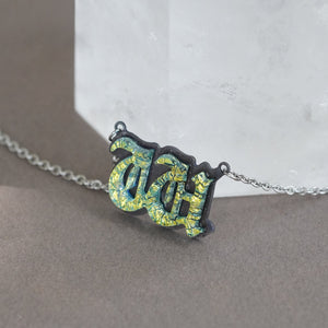 Initial letter Necklace W Old English Font Gold color Fused Dichroic Glass on a Stainless Steel base