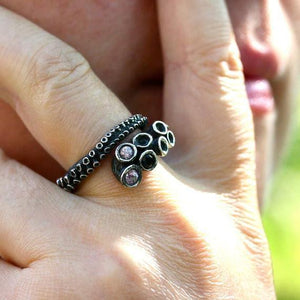 Silver Octopus tentacle ring a black diamond & stones - Zulasurfing Jewelry
 - 3