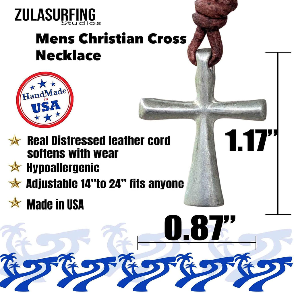 Men's pewter cross necklace size chart: pendant 1.17 inches tall by 0.87 inches wide on an adjustable 14 to 24 inch distressed brown leather cord, handmade in USA