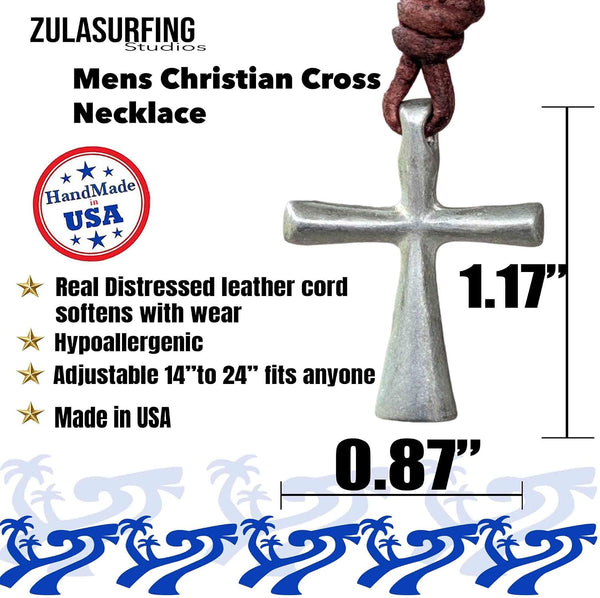 Men's pewter cross necklace size chart: pendant 1.17 inches tall by 0.87 inches wide on an adjustable 14 to 24 inch distressed brown leather cord, handmade in USA