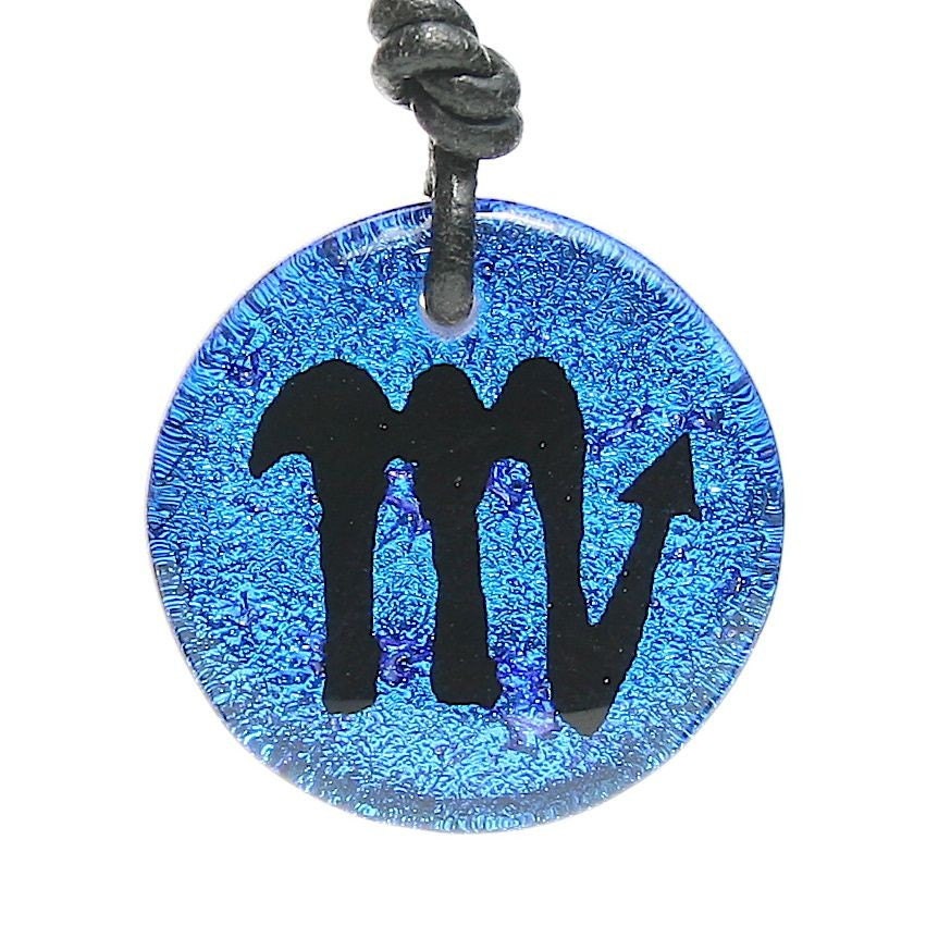 Scorpio zodiac necklace, round turquoise dichroic glass pendant