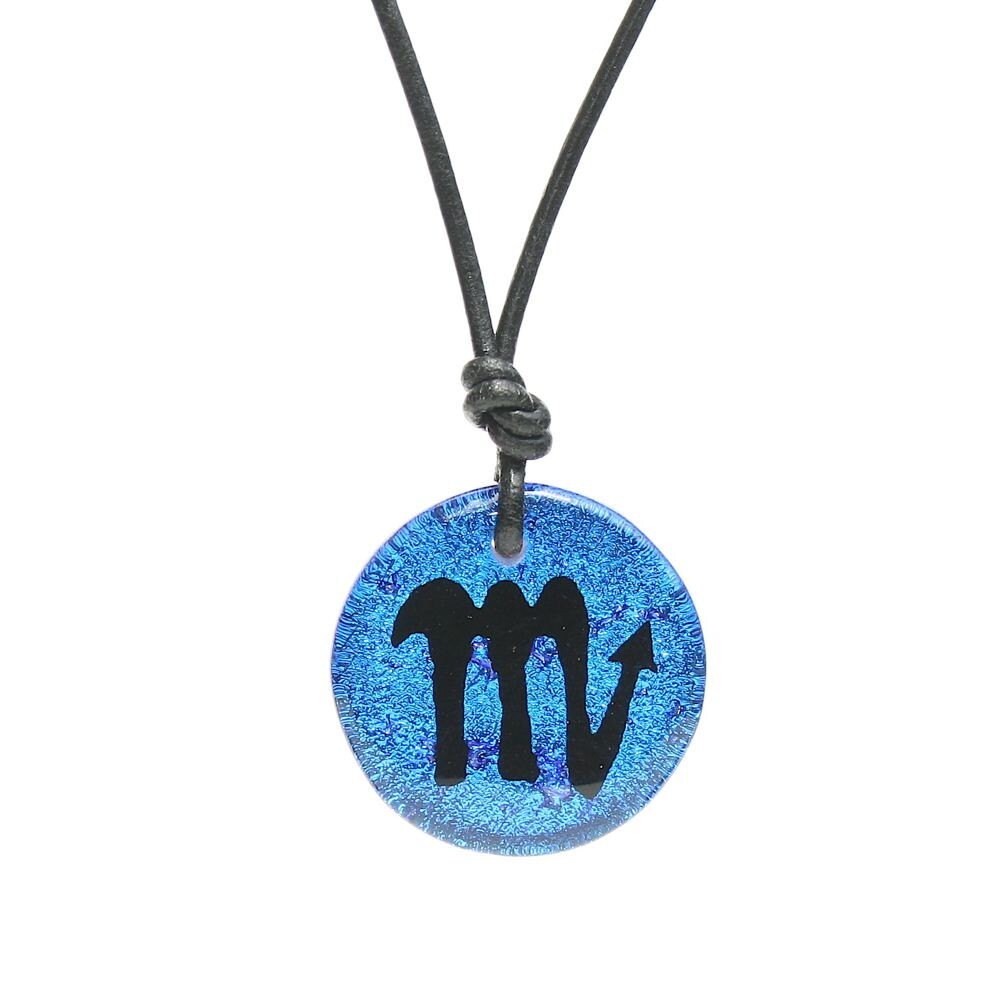 Scorpio zodiac necklace, round turquoise dichroic glass pendant