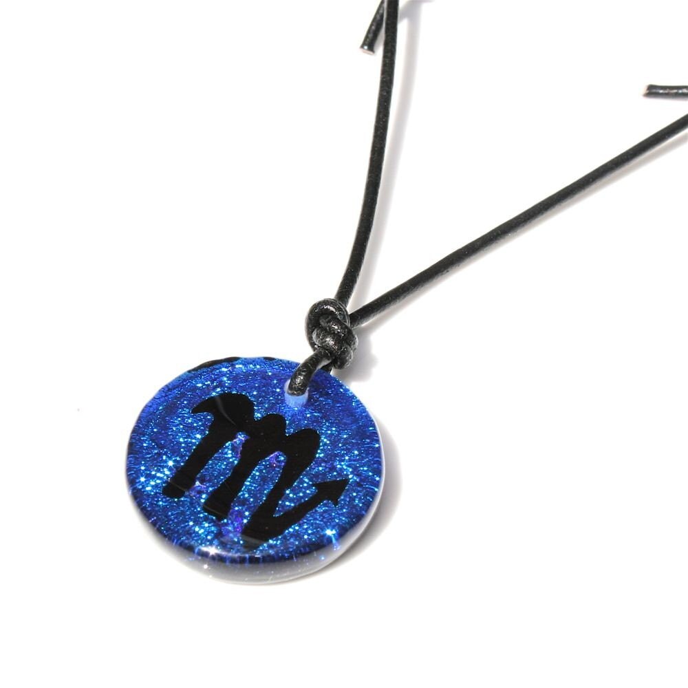 Scorpio zodiac necklace, round turquoise dichroic glass pendant