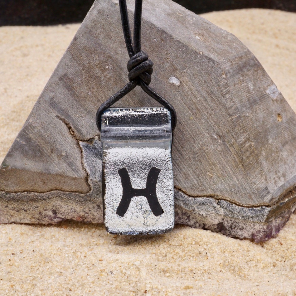 Pisces zodiac necklace, rectangle with glass loop silver dichroic glass pendant
