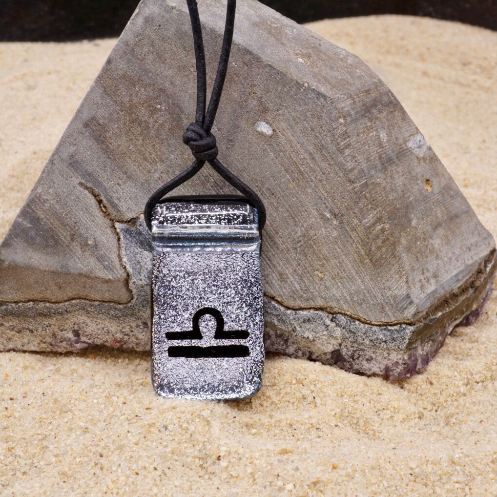 Libra zodiac necklace, rectangle with glass loop silver dichroic glass pendant