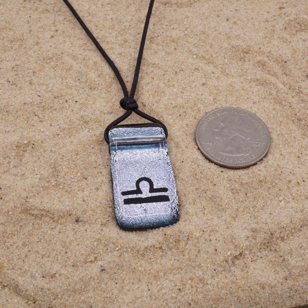 Libra zodiac necklace, rectangle with glass loop silver dichroic glass pendant