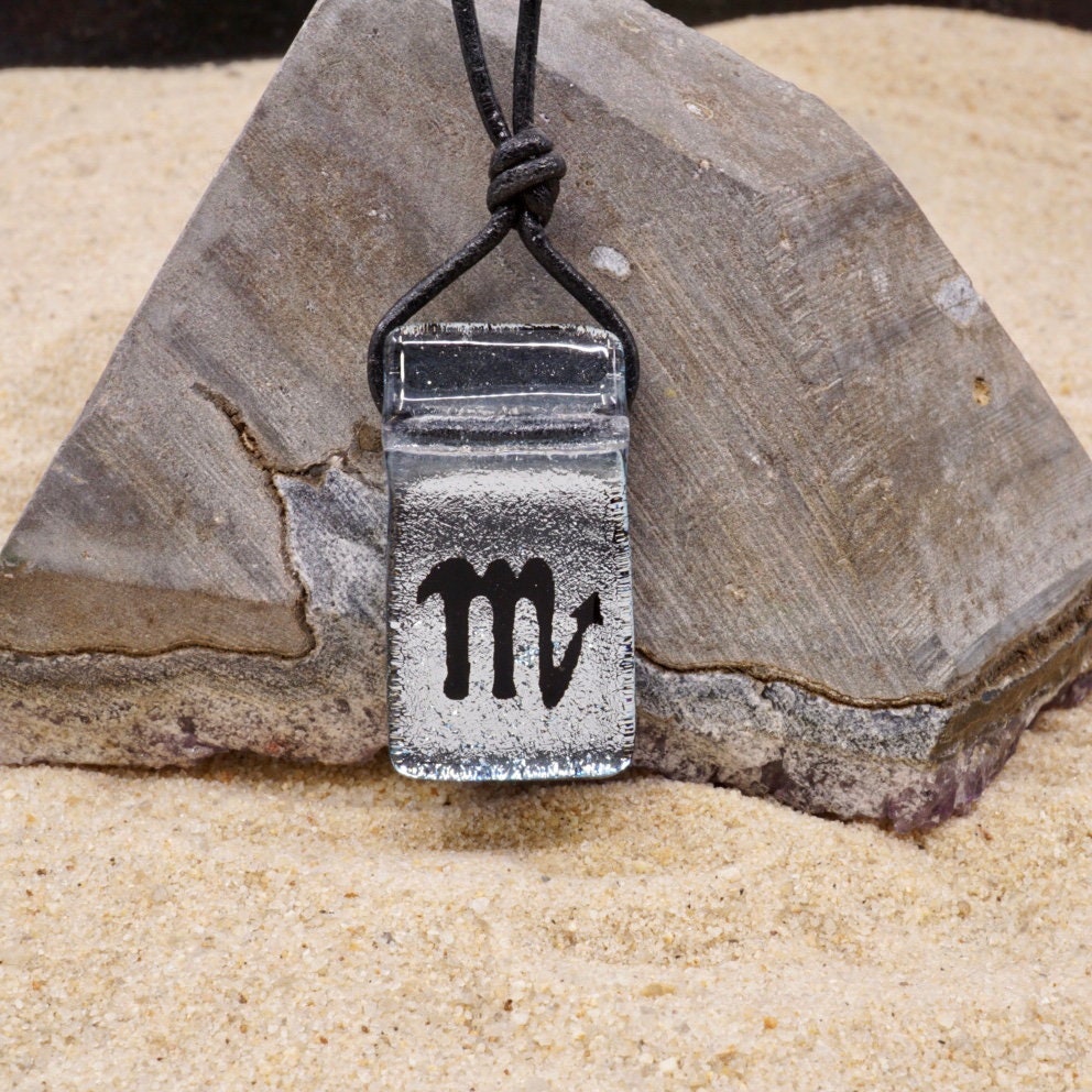 Scorpio zodiac necklace, rectangle with glass loop silver dichroic glass pendant