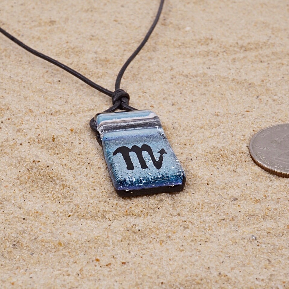 Scorpio zodiac necklace, rectangle with glass loop silver dichroic glass pendant