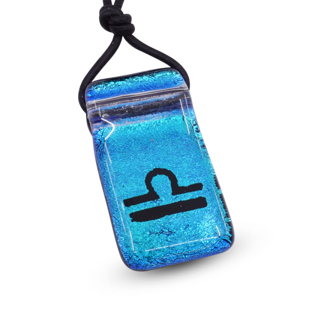 Libra zodiac necklace, rectangle with glass loop turquoise dichroic glass pendant