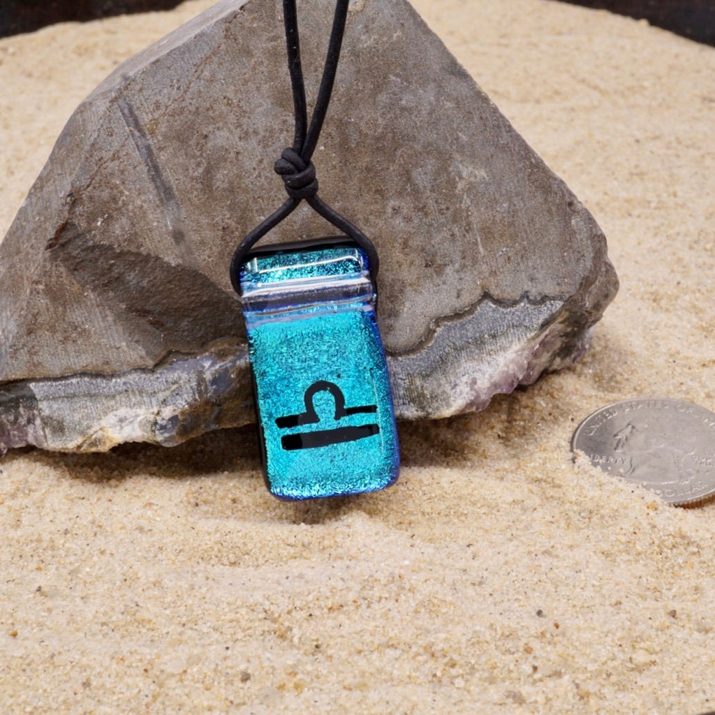 Libra zodiac necklace, rectangle with glass loop turquoise dichroic glass pendant