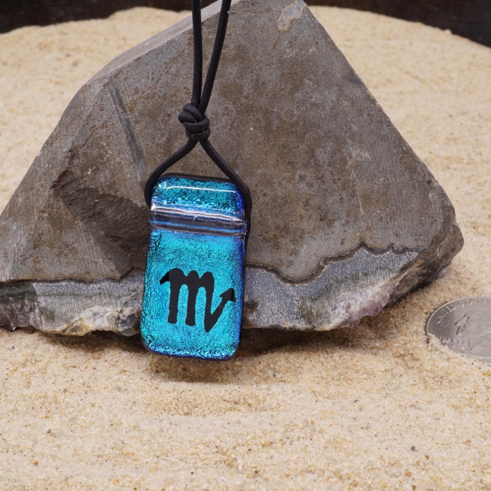 Scorpio zodiac necklace, rectangle with glass loop turquoise dichroic glass pendant