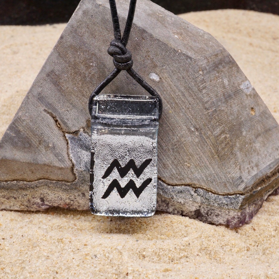 Aquarius zodiac necklace, rectangle with glass loop silver dichroic glass pendant