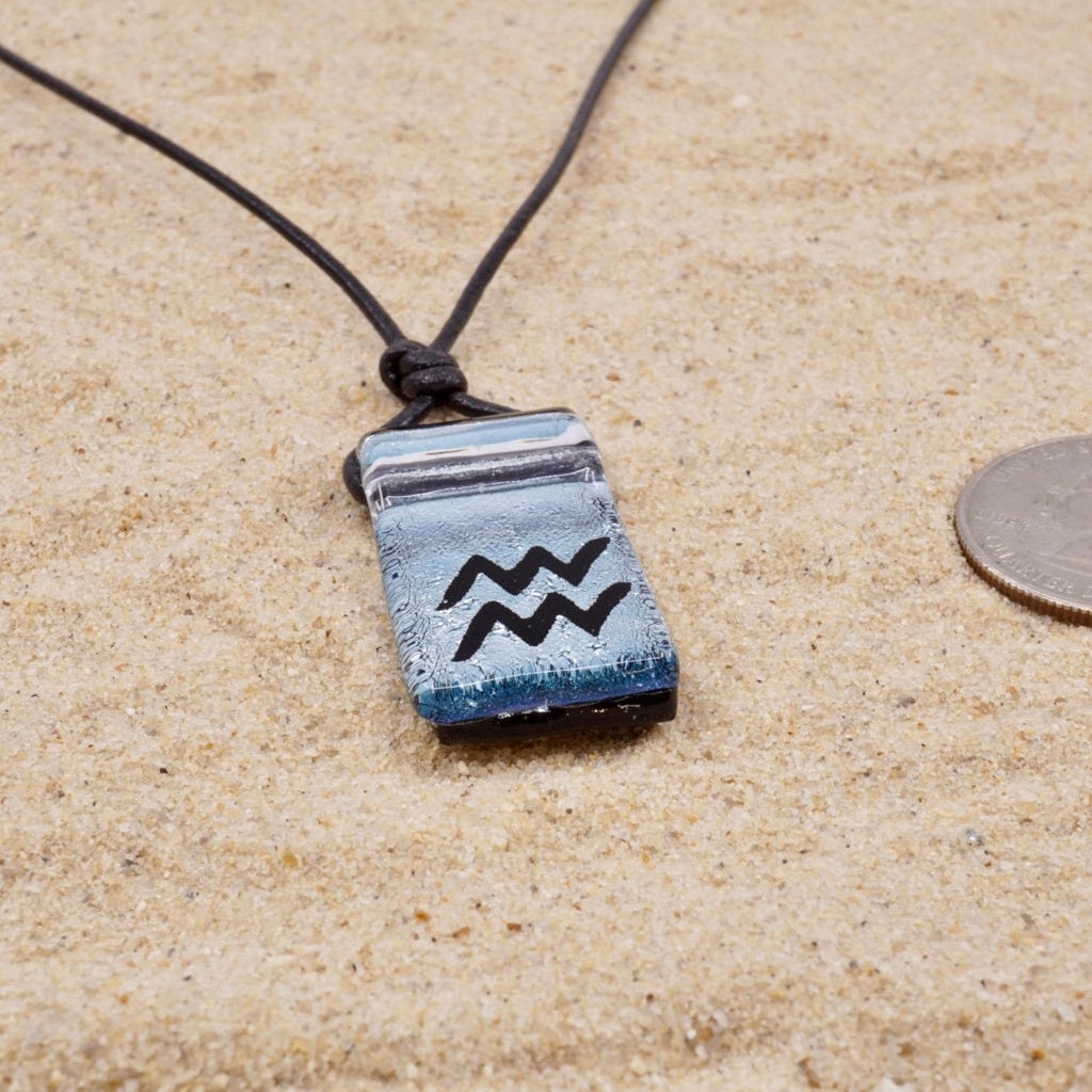 Aquarius zodiac necklace, rectangle with glass loop silver dichroic glass pendant