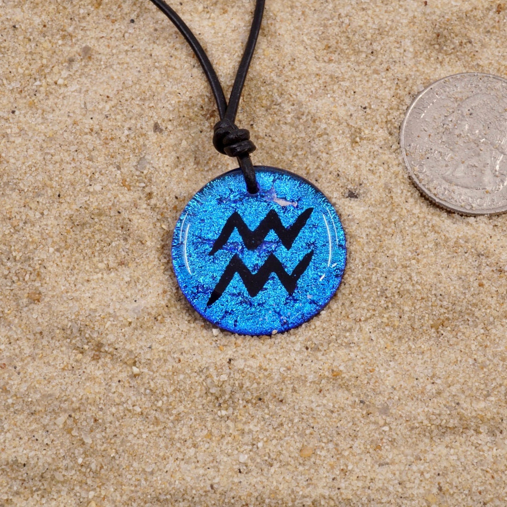 Aquarius zodiac necklace, round turquoise dichroic glass pendant