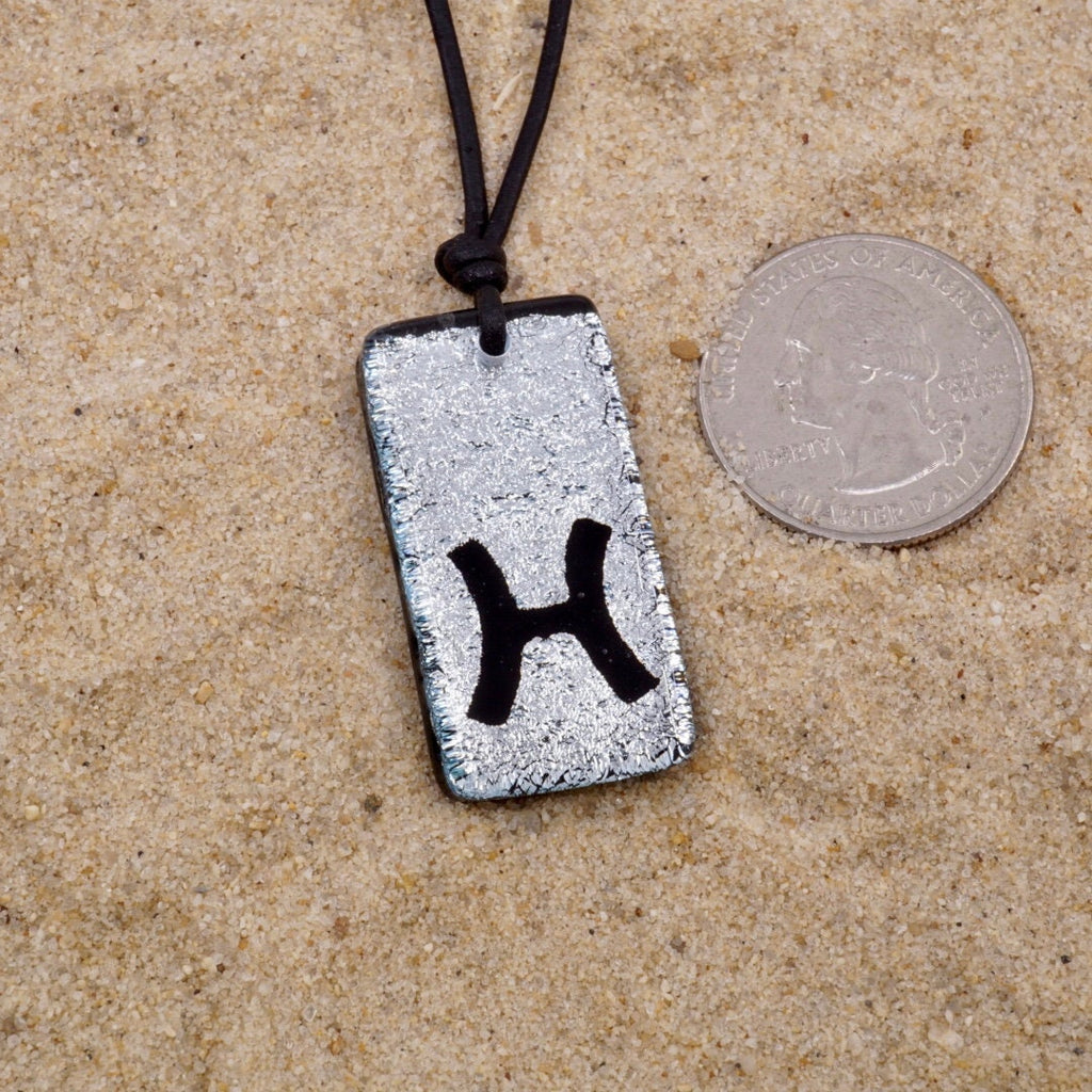 Pisces zodiac necklace, rectangle silver dichroic glass pendant