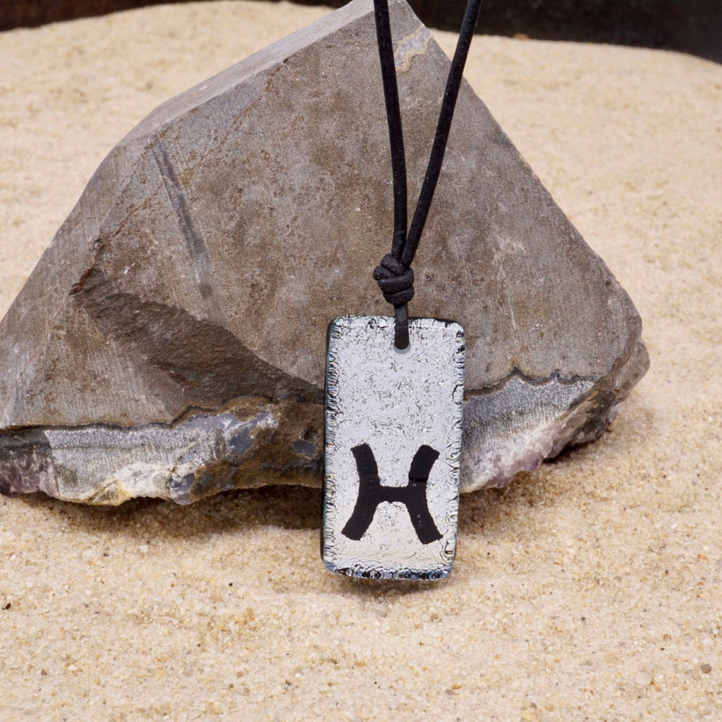 Pisces zodiac necklace, rectangle silver dichroic glass pendant