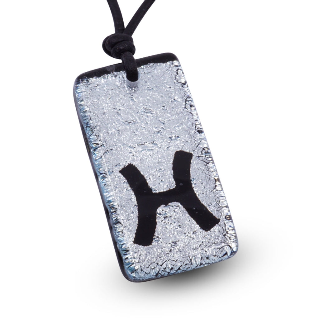 Pisces zodiac necklace, rectangle silver dichroic glass pendant