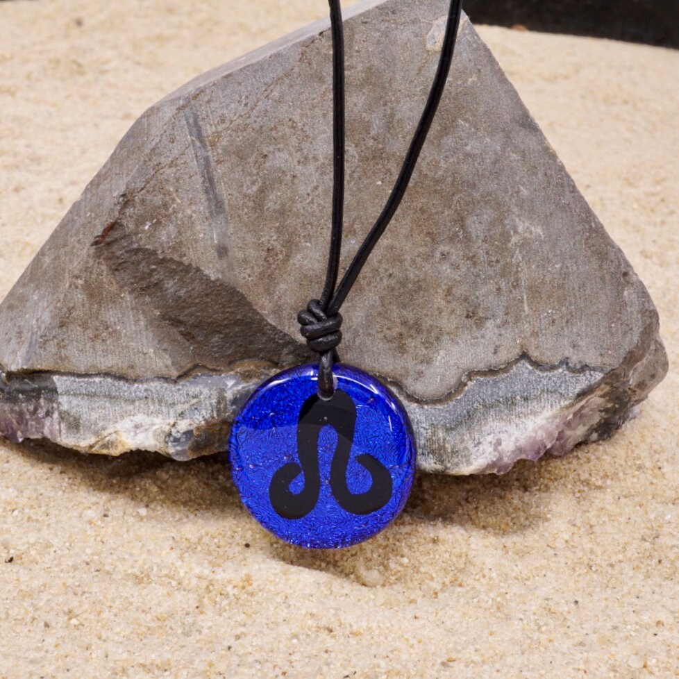Leo zodiac necklace, round blue dichroic glass pendant