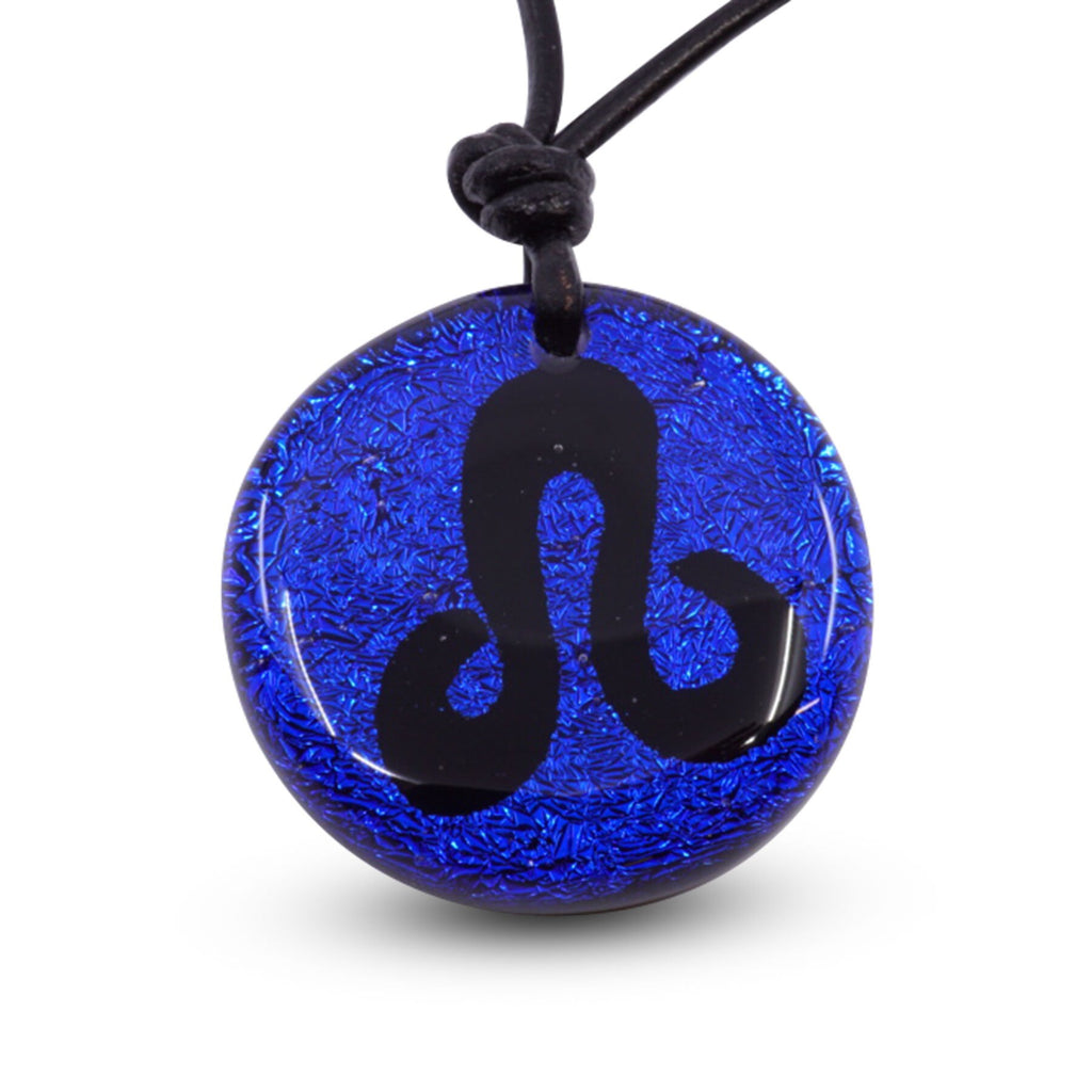 Leo zodiac necklace, round blue dichroic glass pendant