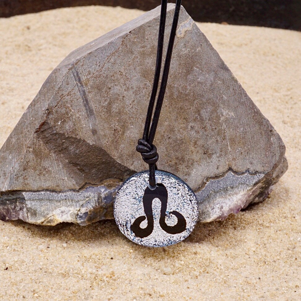 Leo zodiac necklace, round silver dichroic glass pendant