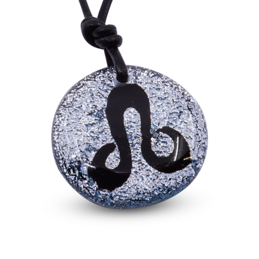 Leo zodiac necklace, round silver dichroic glass pendant