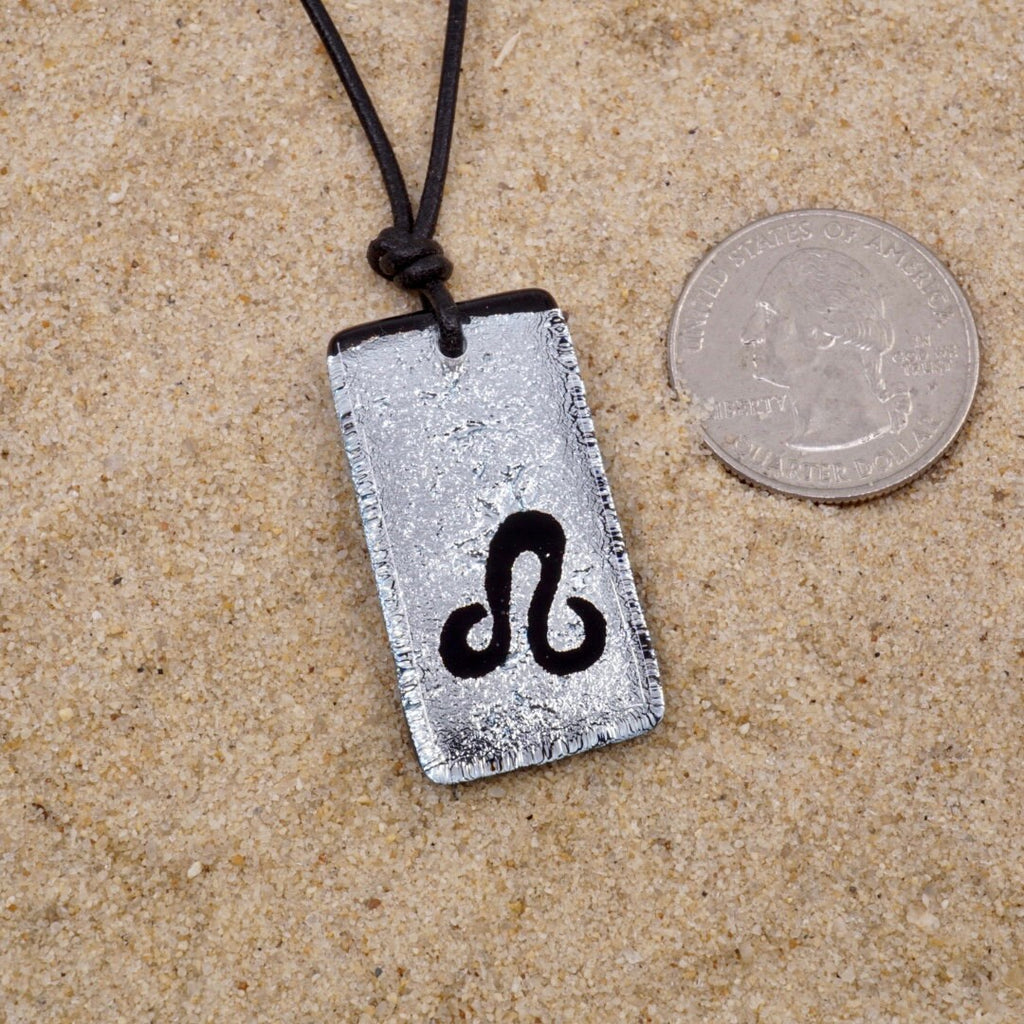 Leo zodiac necklace, rectangle silver dichroic glass pendant