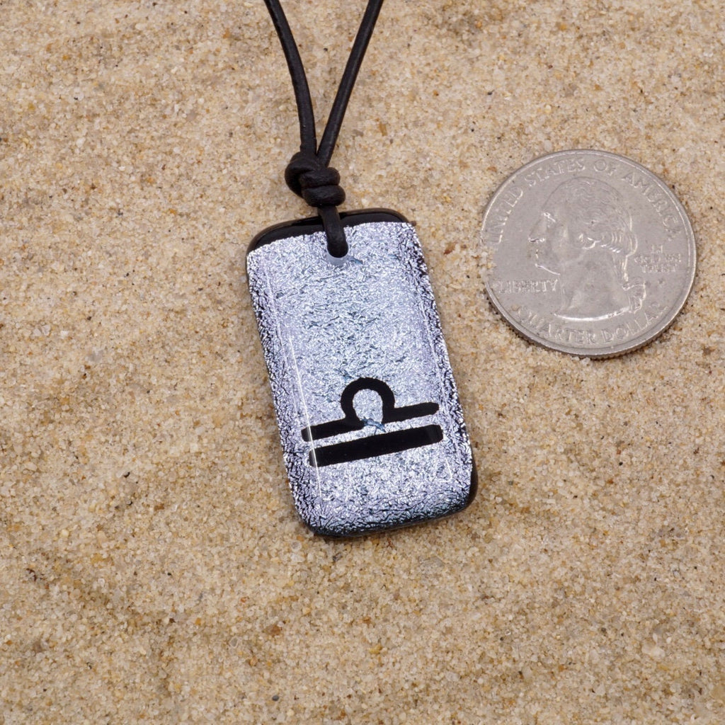 Libra zodiac necklace, rectangle silver dichroic glass pendant