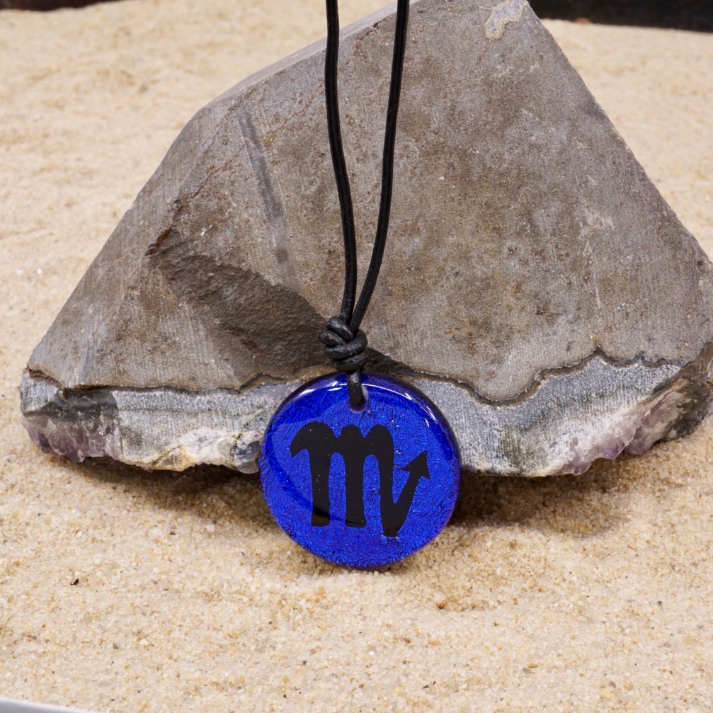 Scorpio zodiac necklace, round blue dichroic glass pendant