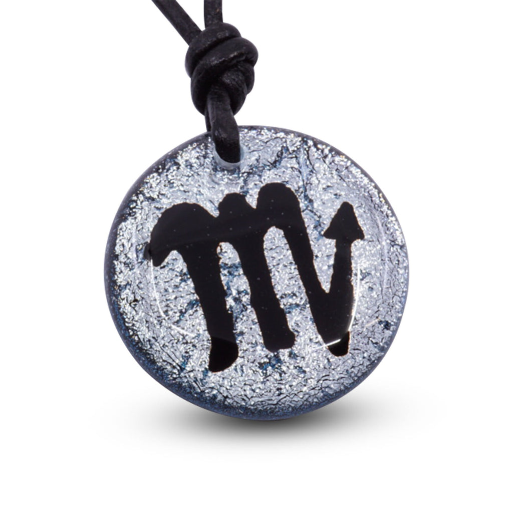 Scorpio zodiac necklace, round silver dichroic glass pendant