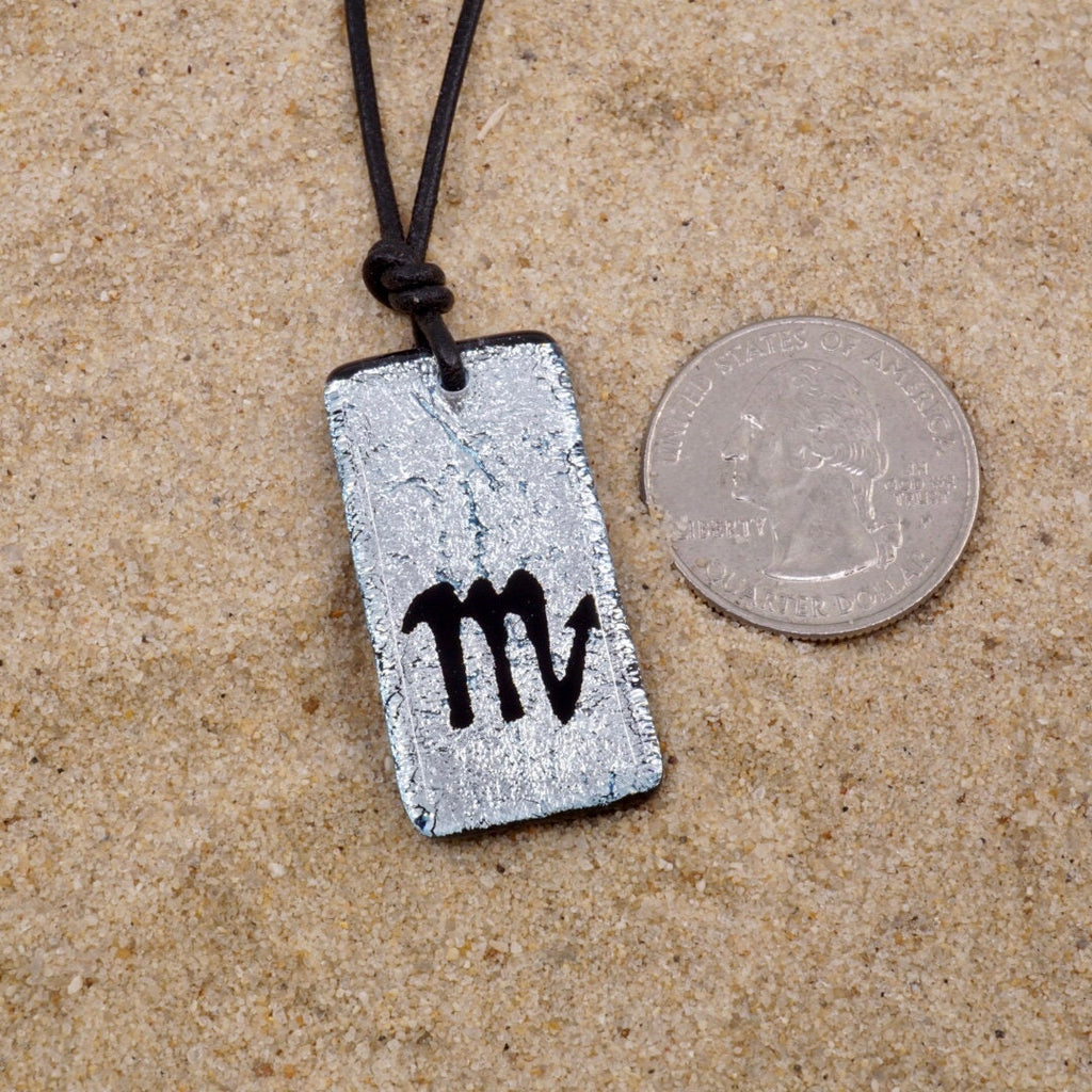 Scorpio zodiac necklace, rectangle silver dichroic glass pendant