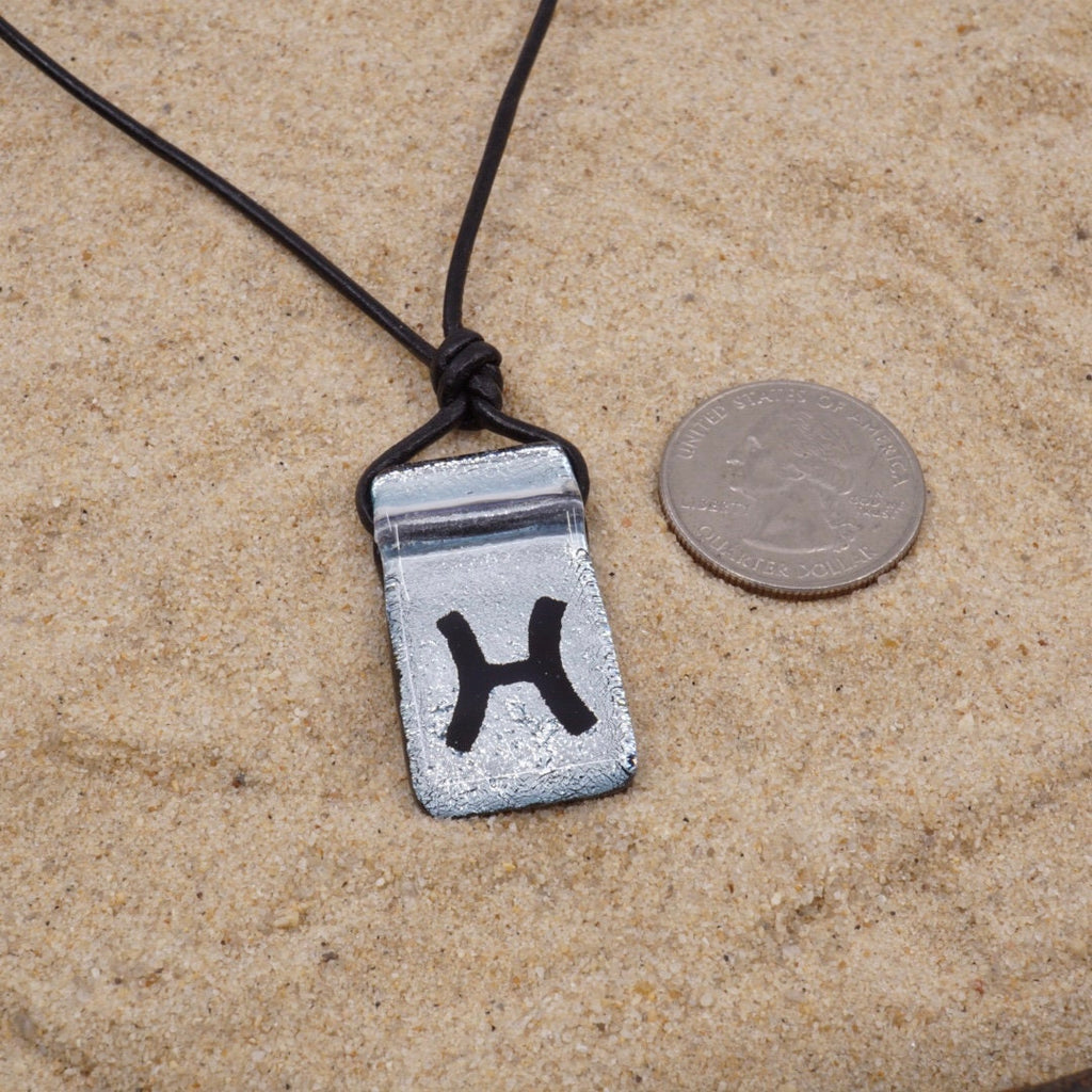 Pisces zodiac necklace, rectangle with glass loop silver dichroic glass pendant