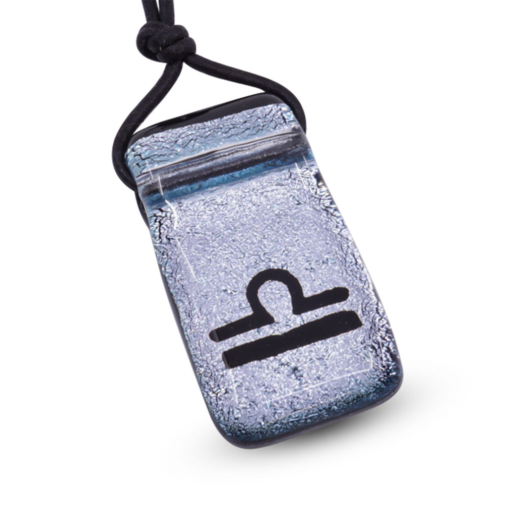 Libra zodiac necklace, rectangle with glass loop silver dichroic glass pendant