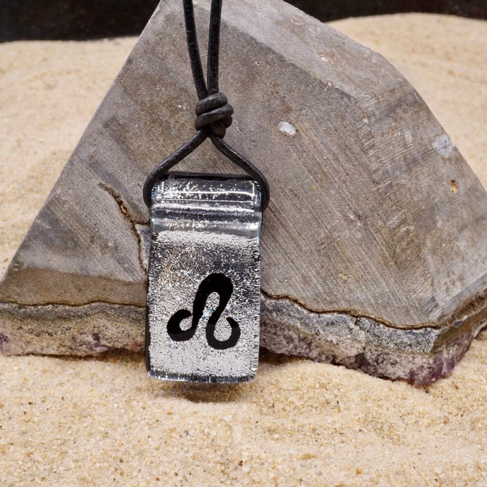 Leo zodiac necklace, rectangle with glass loop silver dichroic glass pendant