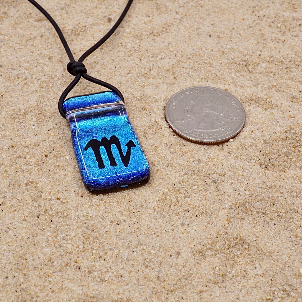 Scorpio zodiac necklace, rectangle with glass loop turquoise dichroic glass pendant