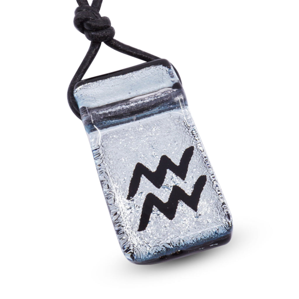 Aquarius zodiac necklace, rectangle with glass loop silver dichroic glass pendant
