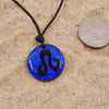 Leo zodiac necklace, round blue dichroic glass pendant
