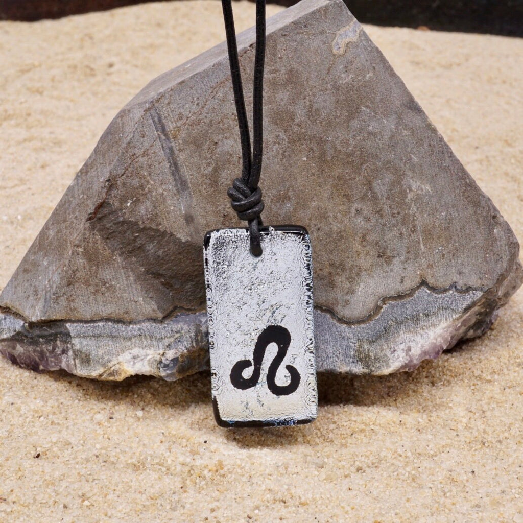 Leo zodiac necklace, rectangle silver dichroic glass pendant