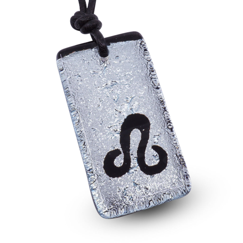 Leo zodiac necklace, rectangle silver dichroic glass pendant